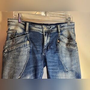 Flamingo Stylish Blue Denim Jeans Stright Leg  Ornate Pockets Sz L